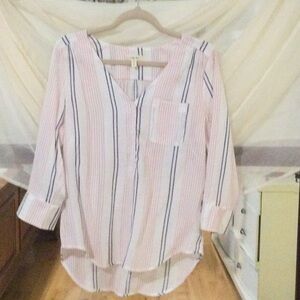 Striped V-Neck Blouse - Pink and Blue